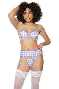 Coquette Crystal Pink Buffalo Check Print, Bra, Garter Belt & String Grey/Pink