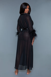 BeWicked Sahar Sheer Full Length Robe With Ostrich Feather Trim Black
