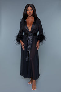 BeWicked Sahar Sheer Full Length Robe With Ostrich Feather Trim Black