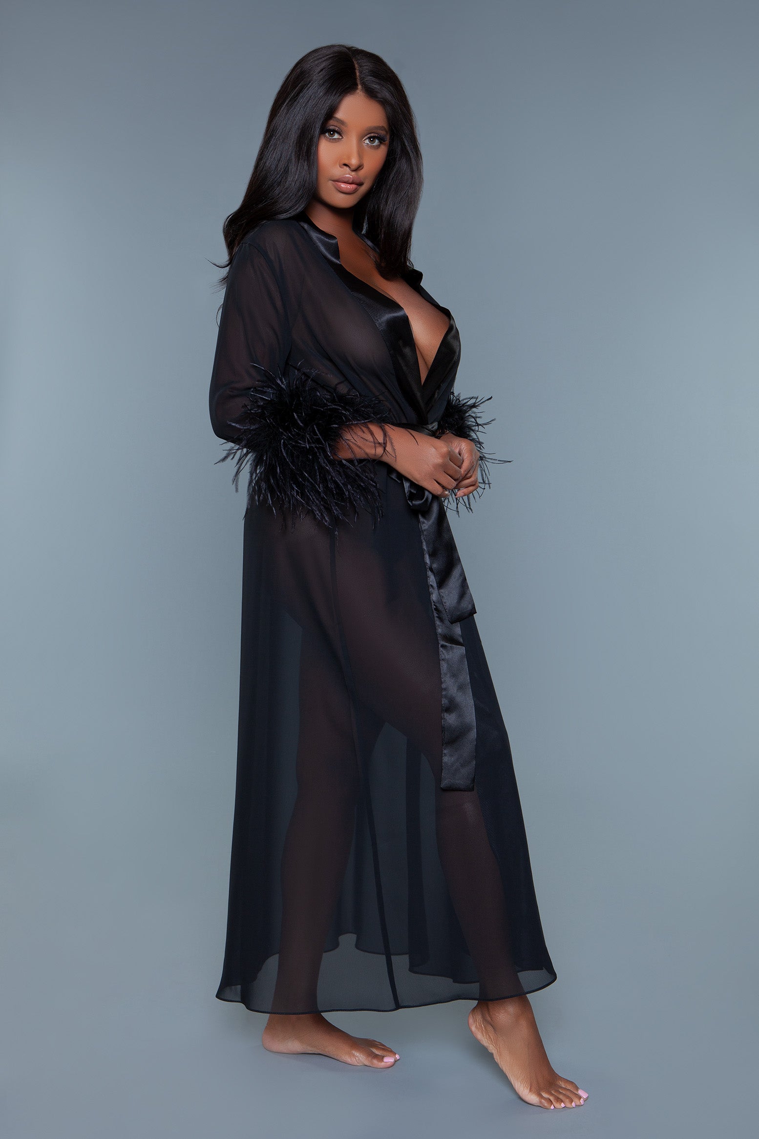 BeWicked Sahar Sheer Full Length Robe With Ostrich Feather Trim Black