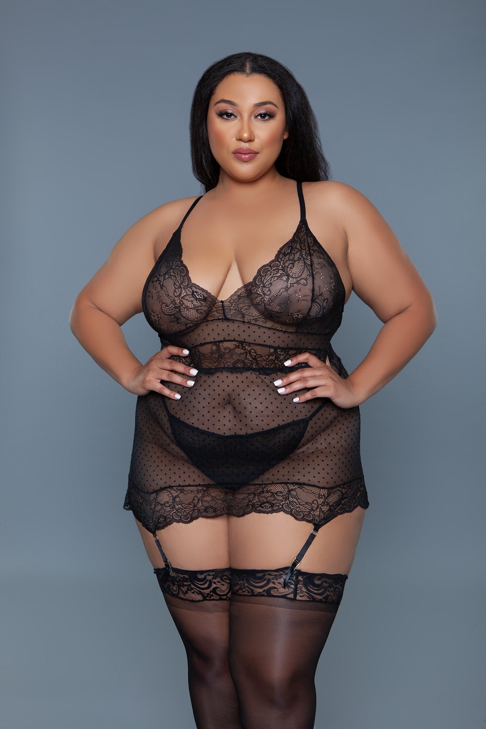 BeWicked Ryder Gartered Chemise Lace Cups Sheer Black