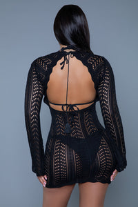 BeWicked Kinsley Mini Dress Coverup Crochet Long Sleeves Black