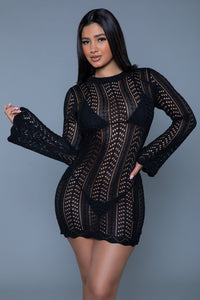 BeWicked Kinsley Mini Dress Coverup Crochet Long Sleeves Black