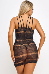 Ella Rhinestone Bling Mini Dress Bodystocking Black