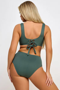 BeWicked Swimwear Olivia V Bikini Set Ruched High Wist Bottom Swimsuit Green