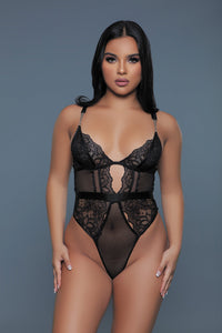 BeWicked Sexy Sheer Lace Camille Bodysuit Chain Details Black