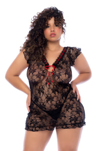 Mapale Plus Size Queen Romantic Lace Red Bow Back Babydoll Black-Rebel Romance
