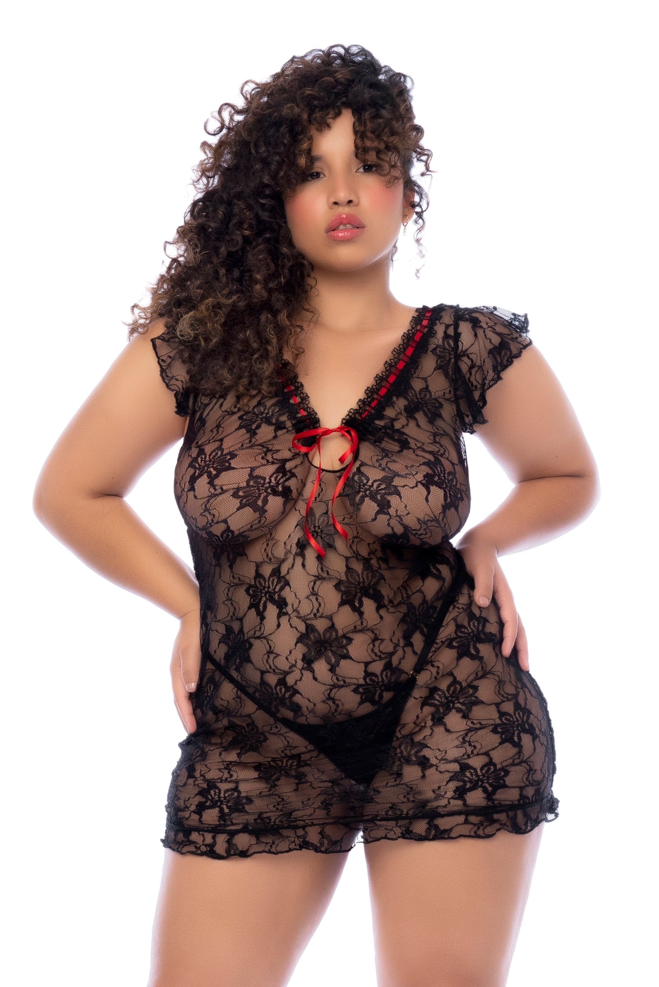 Mapale Plus Size Queen Romantic Lace Red Bow Back Babydoll Black-Rebel Romance