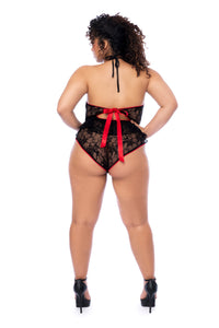 Mapale Plus Size Queen Femme Lace Red Ribbon Bow Back Teddy Black-Rebel Romance
