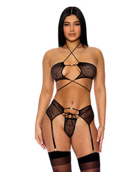 Forplay Lingerie Pull My Strings Mesh Gartered Bra Set Black