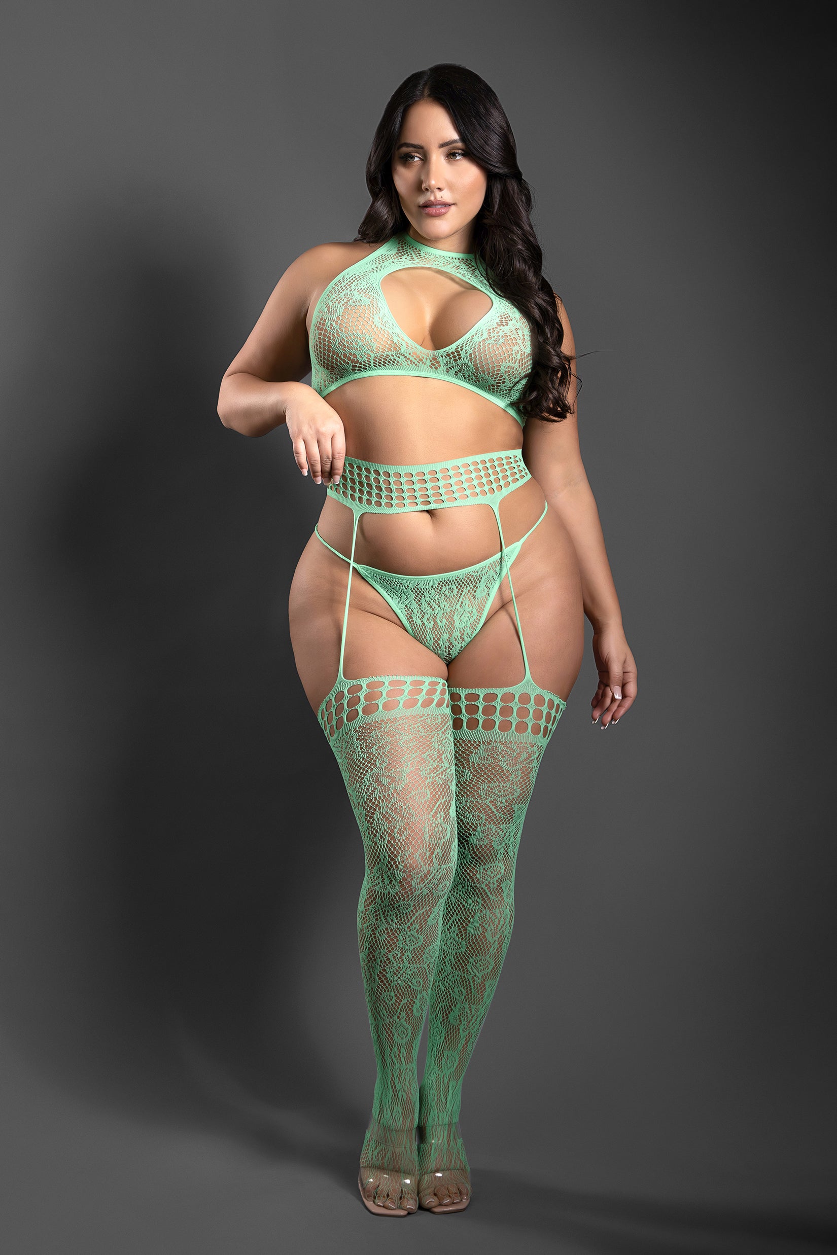 Fantasy Lingerie Sheer Heart Of Glass 3pc Gartered Stockings Set Seaglass Queen