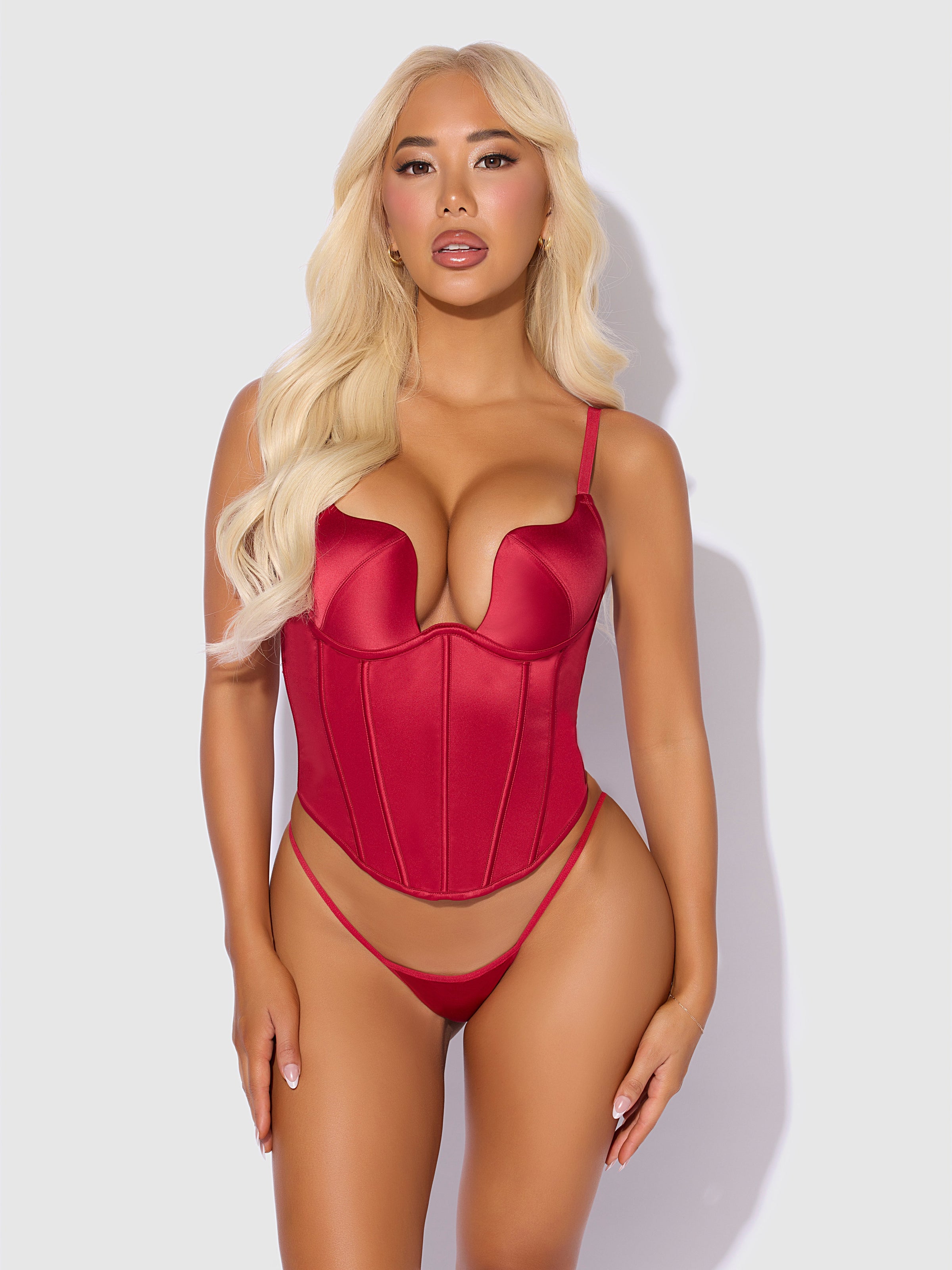 Brigeta Fitted Deep Plunge Push Up Bustier Set Crimson Red