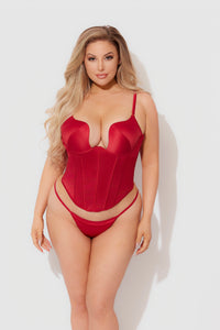 Brigeta Fitted Deep Plunge Push Up Bustier Set Crimson Red