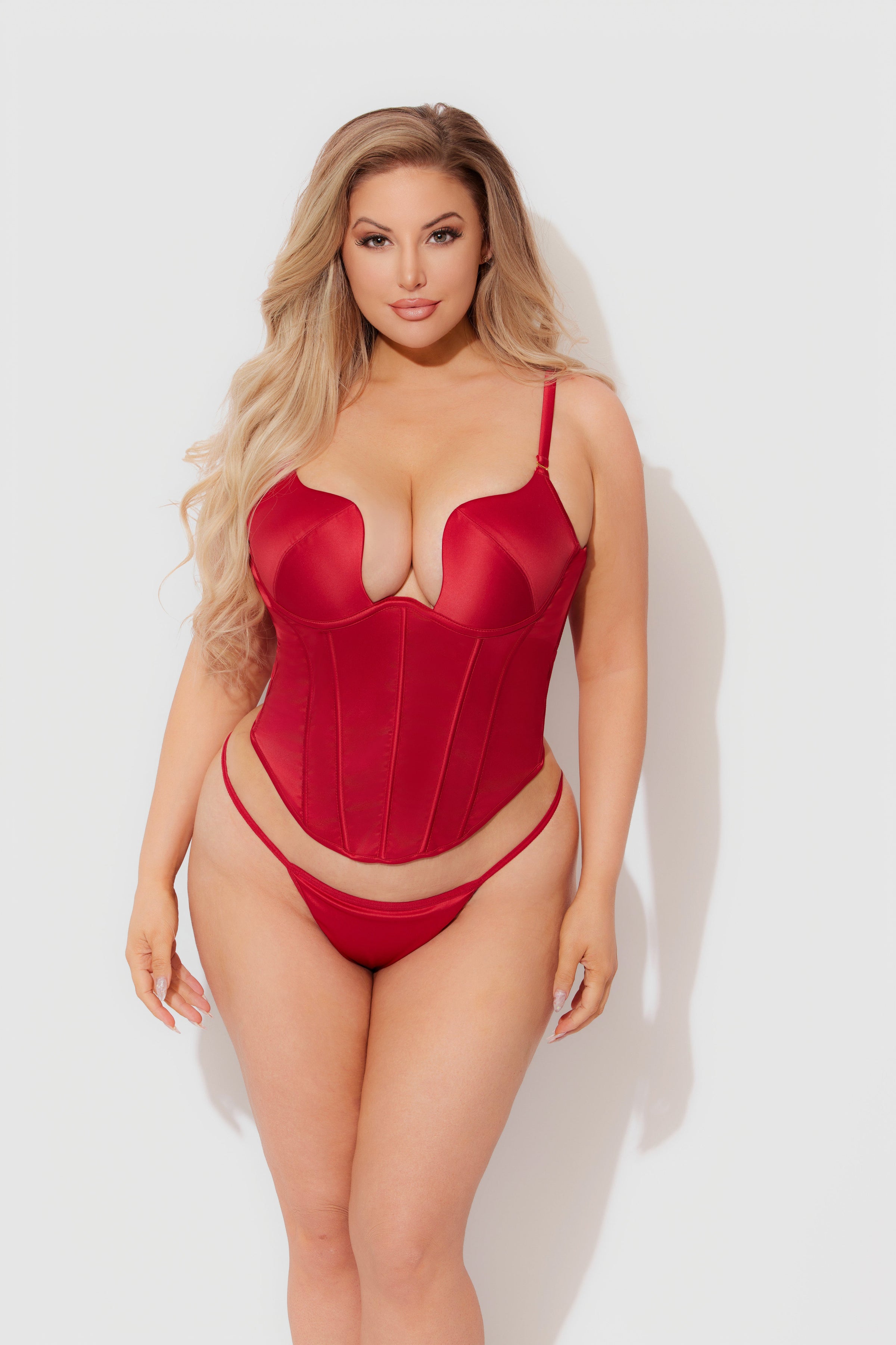 Brigeta Fitted Deep Plunge Push Up Bustier Set Crimson Red