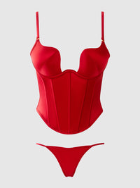 Brigeta Fitted Deep Plunge Push Up Bustier Set Crimson Red