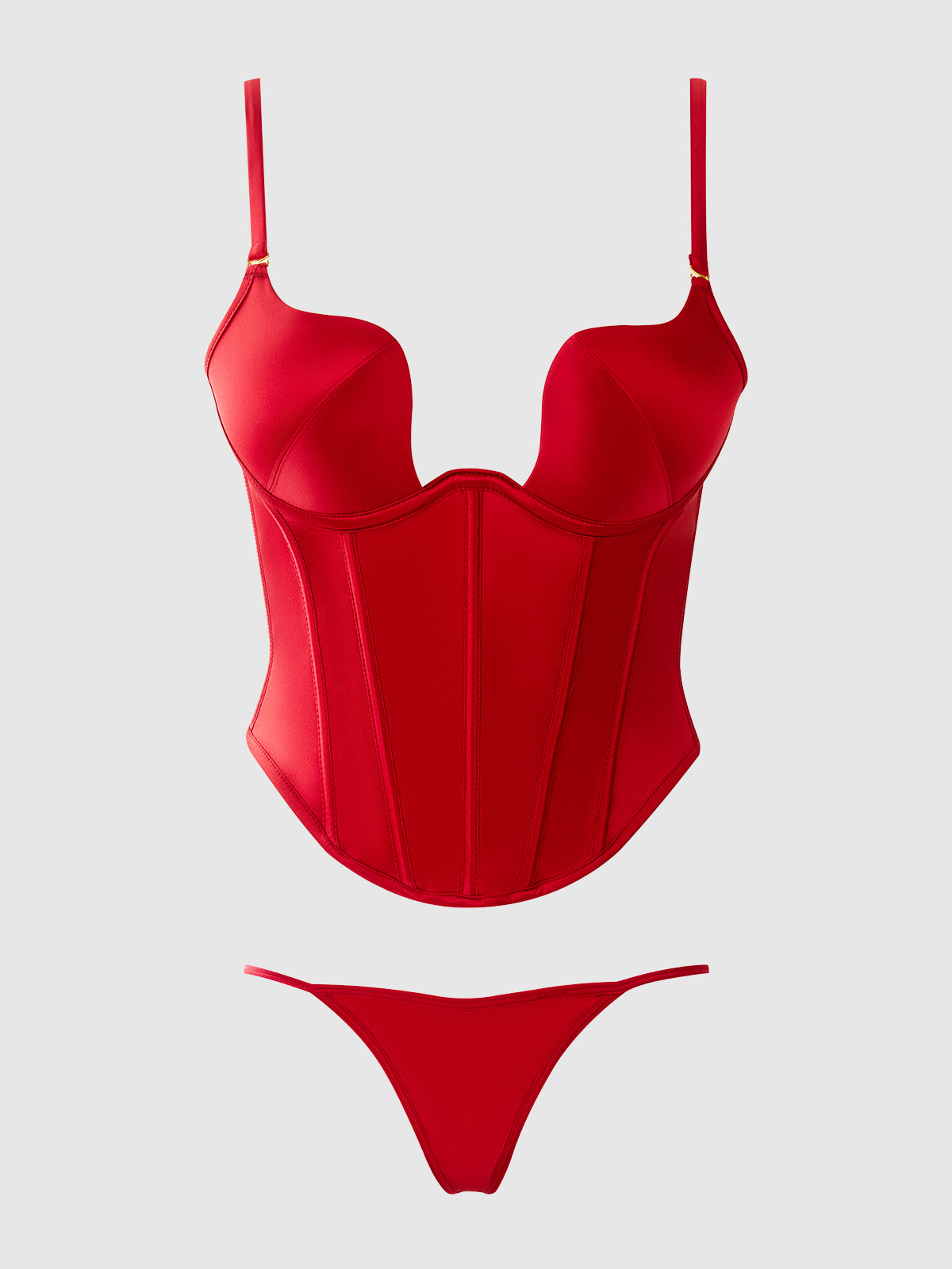 Brigeta Fitted Deep Plunge Push Up Bustier Set Crimson Red