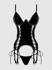 Trinity Patent Lace Up Bustier & G-String Set Black