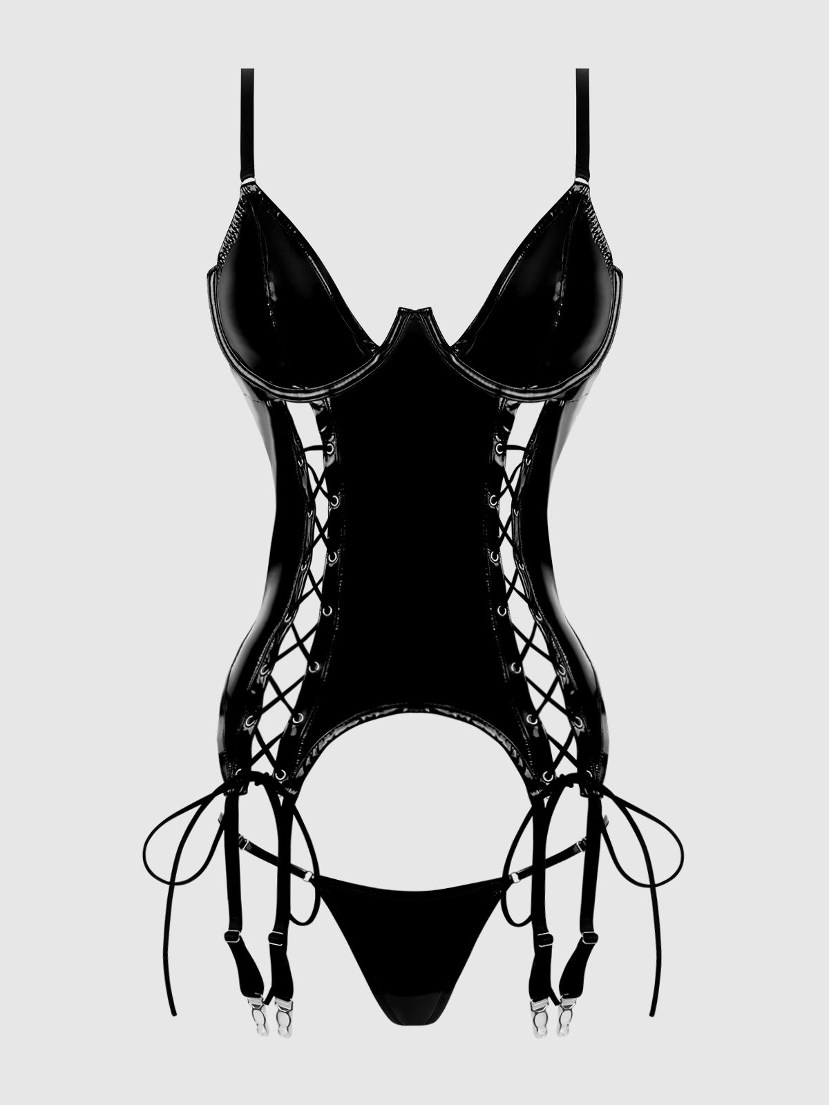 Trinity Patent Lace Up Bustier & G-String Set Black