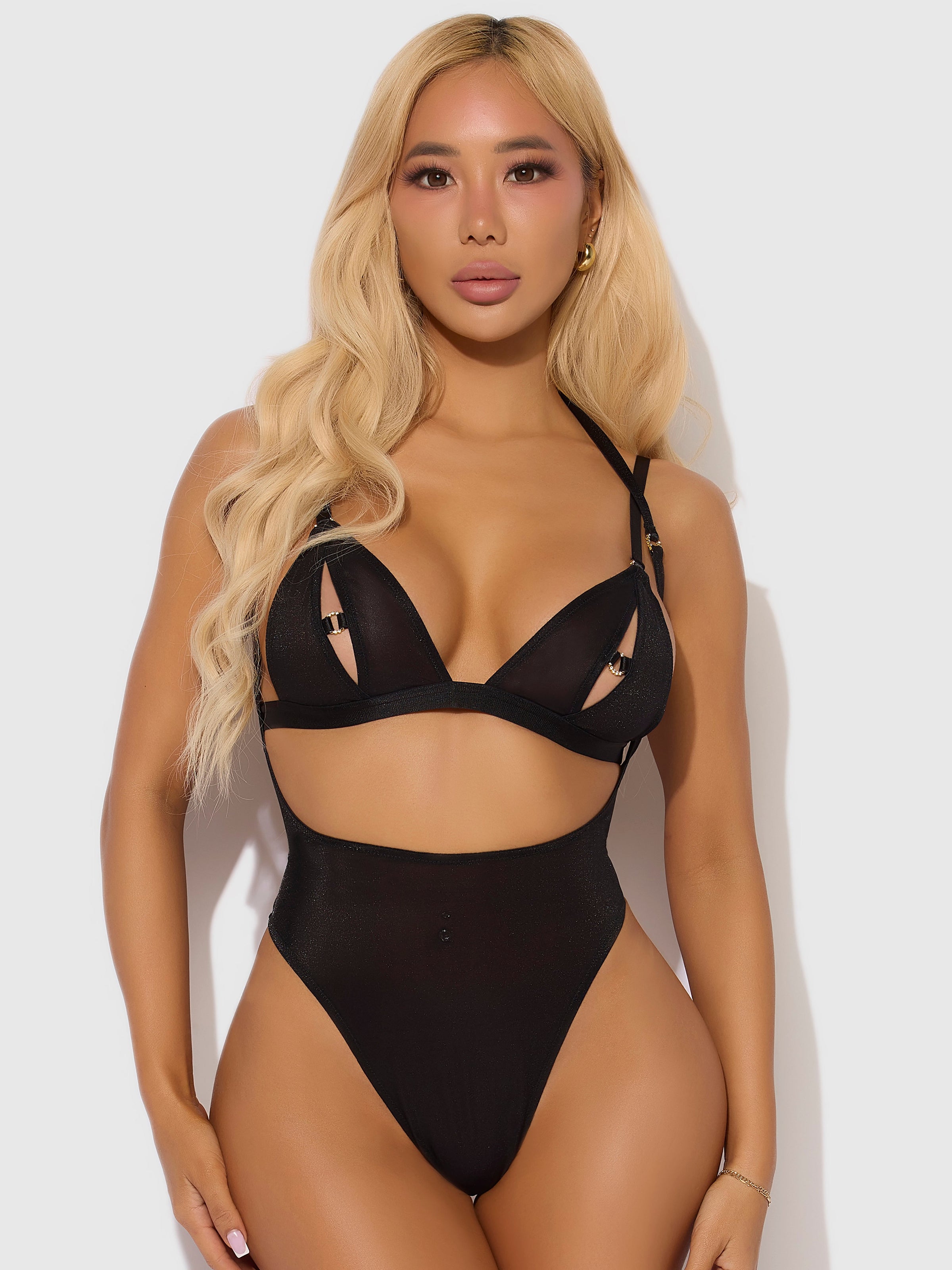 Yasmine Shine Mesh Open Cup Backless Teddy & Bra Set Black