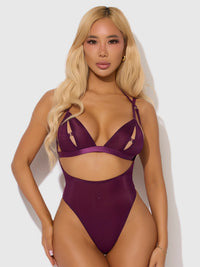 Yasmine Shine Mesh Open Cup Backless Teddy & Bra Set Plum