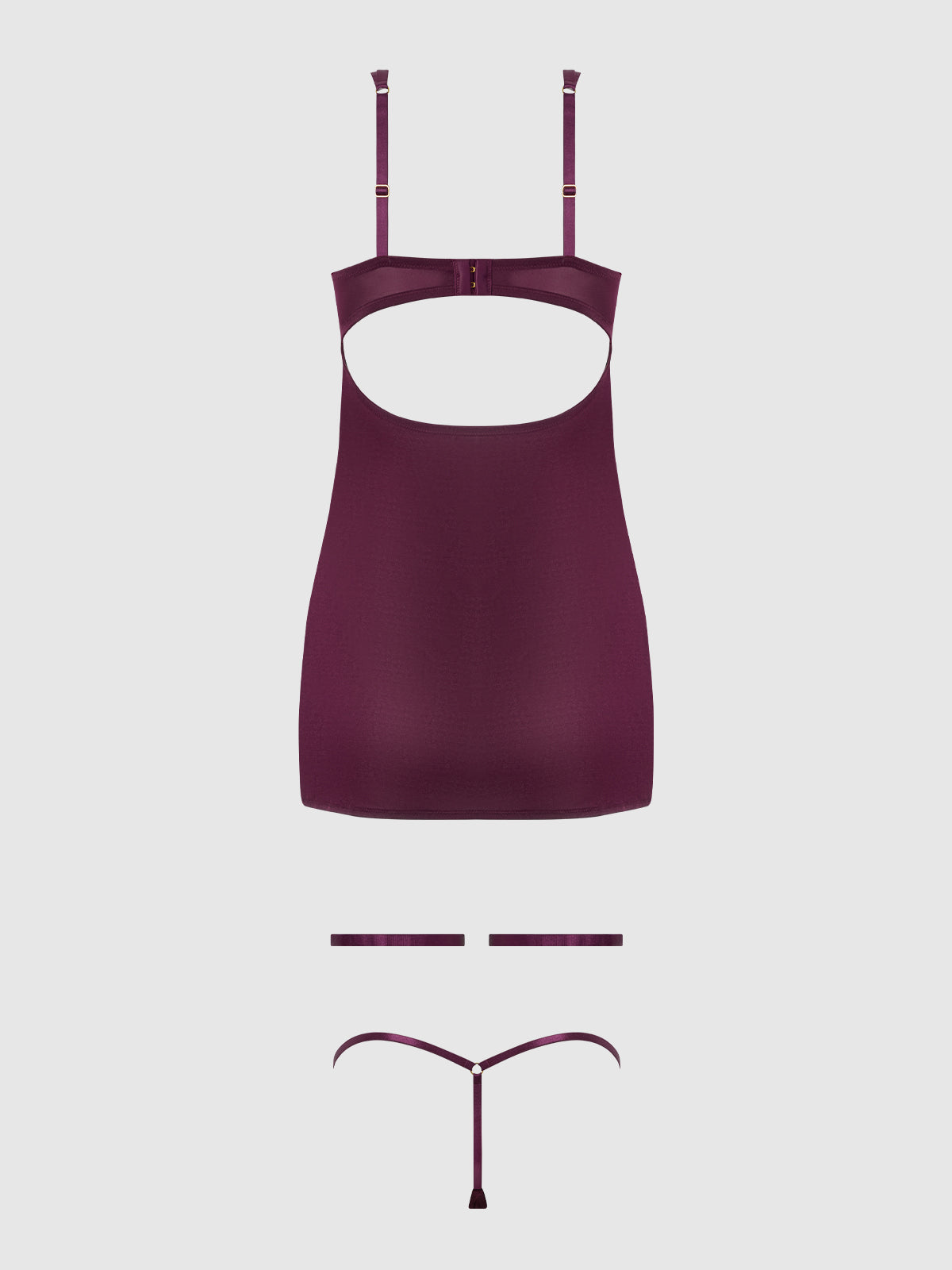 Yasmine Shine Mesh O-Ring Thigh Garter Chemise Set Plum