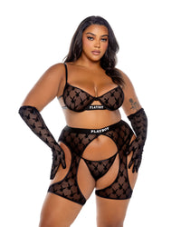 Playboy Flocked Bunny Chaps Black Logo Flock Print Mesh Plus Size-Rebel Romance