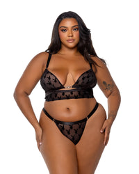 Playboy Bunny Charm Bralette Bra Set Logo Flock Print Mesh Black Plus Size-Rebel Romance