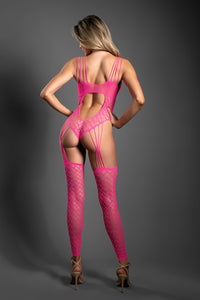 Fantasy Lingerie Sheer Next To You Crotchless Teddy Bodystocking Neon Pink