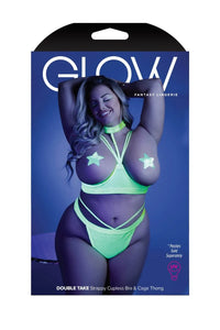 Fantasy Queen Glow Black Light Harness Open Shelf Bra Set Neon Lemon