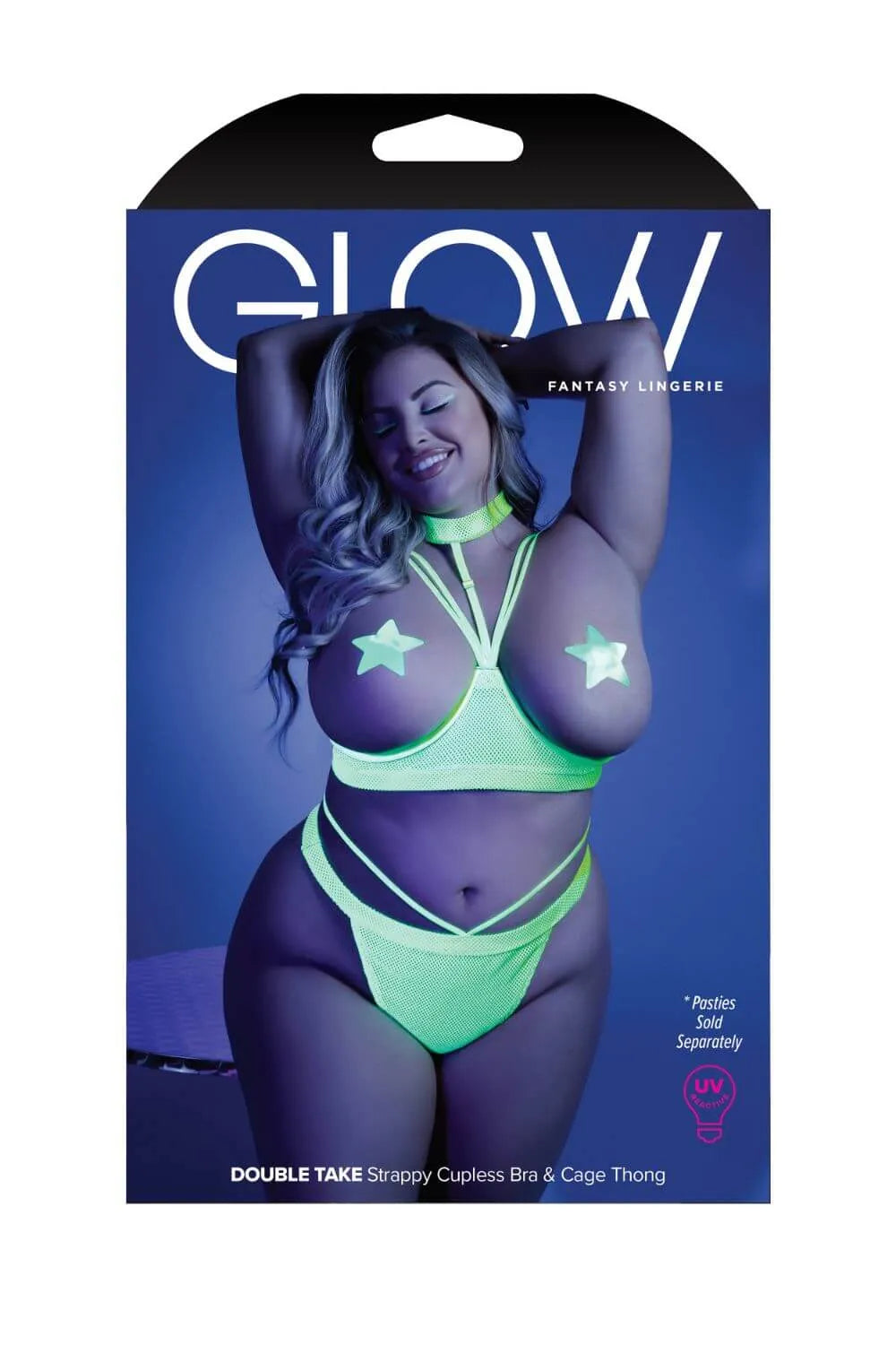 Fantasy Queen Glow Black Light Harness Open Shelf Bra Set Neon Lemon