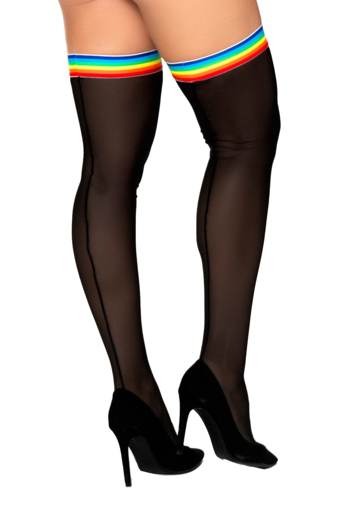 Mapale One Size Mesh Thigh Highs Stockings Black Rainbow Elastic-Rebel Romance