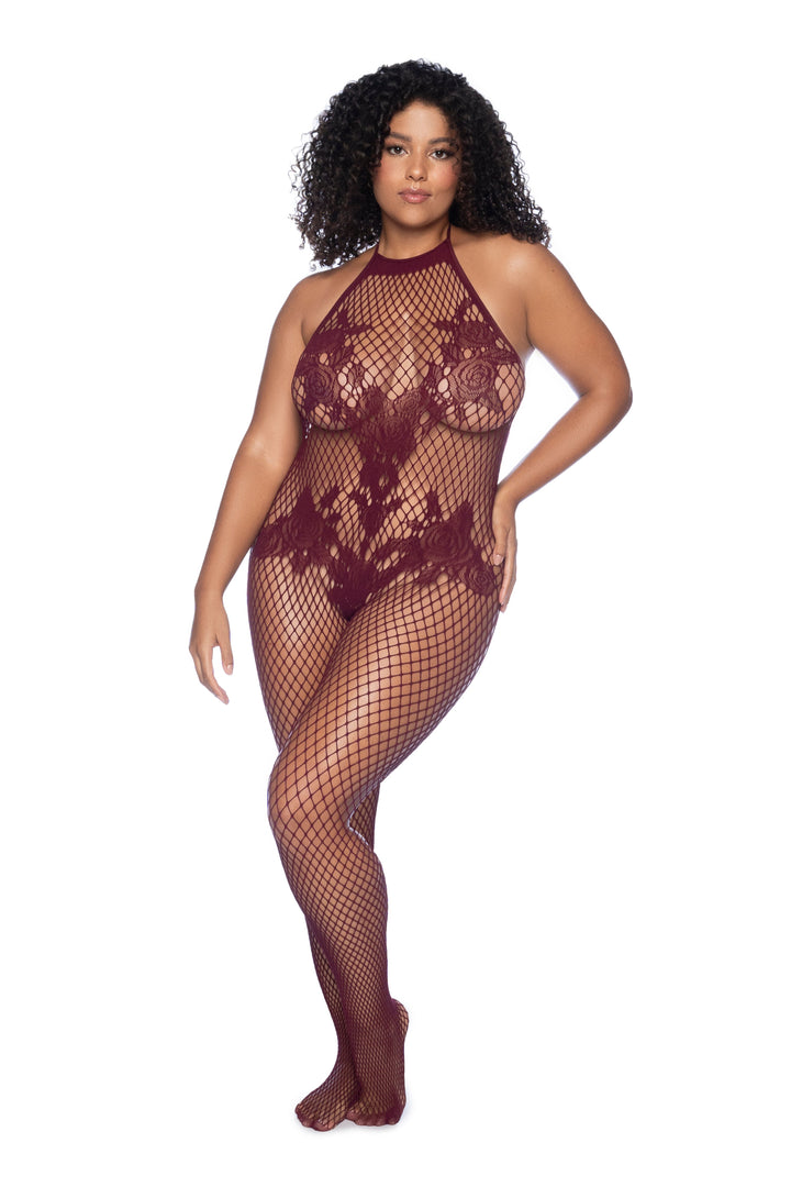 Mapale Queen Halter Crotchless Floral Bodystocking Cherry Red-Rebel Romance