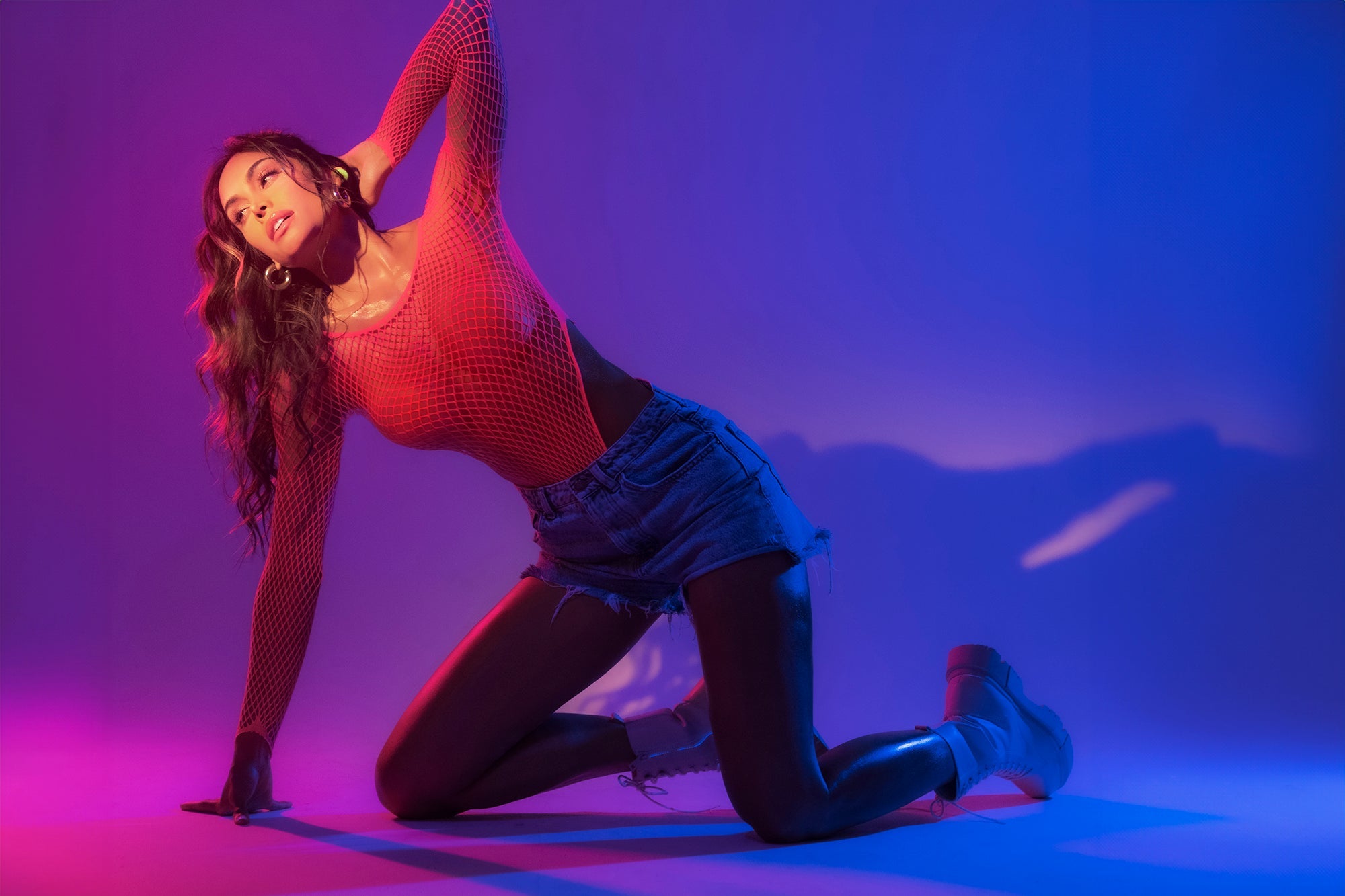 Long Sleeve Fishnet Bodysuit Neon Pink