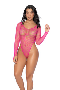 Long Sleeve Fishnet Bodysuit Neon Pink