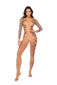 Long Print Sleeve Leopard Mesh Bodystocking
