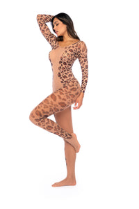 Long Print Sleeve Leopard Mesh Bodystocking