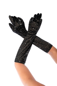 Satin Rhinestone Opera Gloves Black