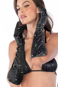 Satin Rhinestone Opera Gloves Black