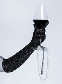 Satin Rhinestone Opera Gloves Black