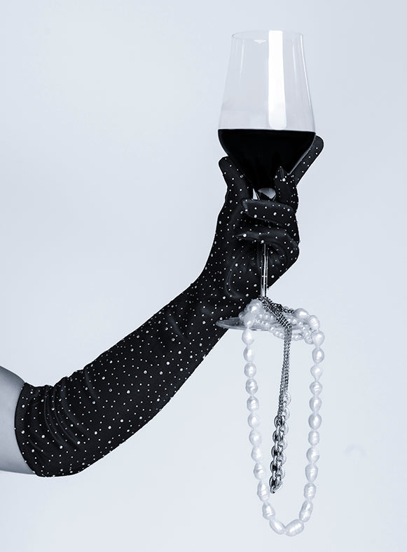 Satin Rhinestone Opera Gloves Black