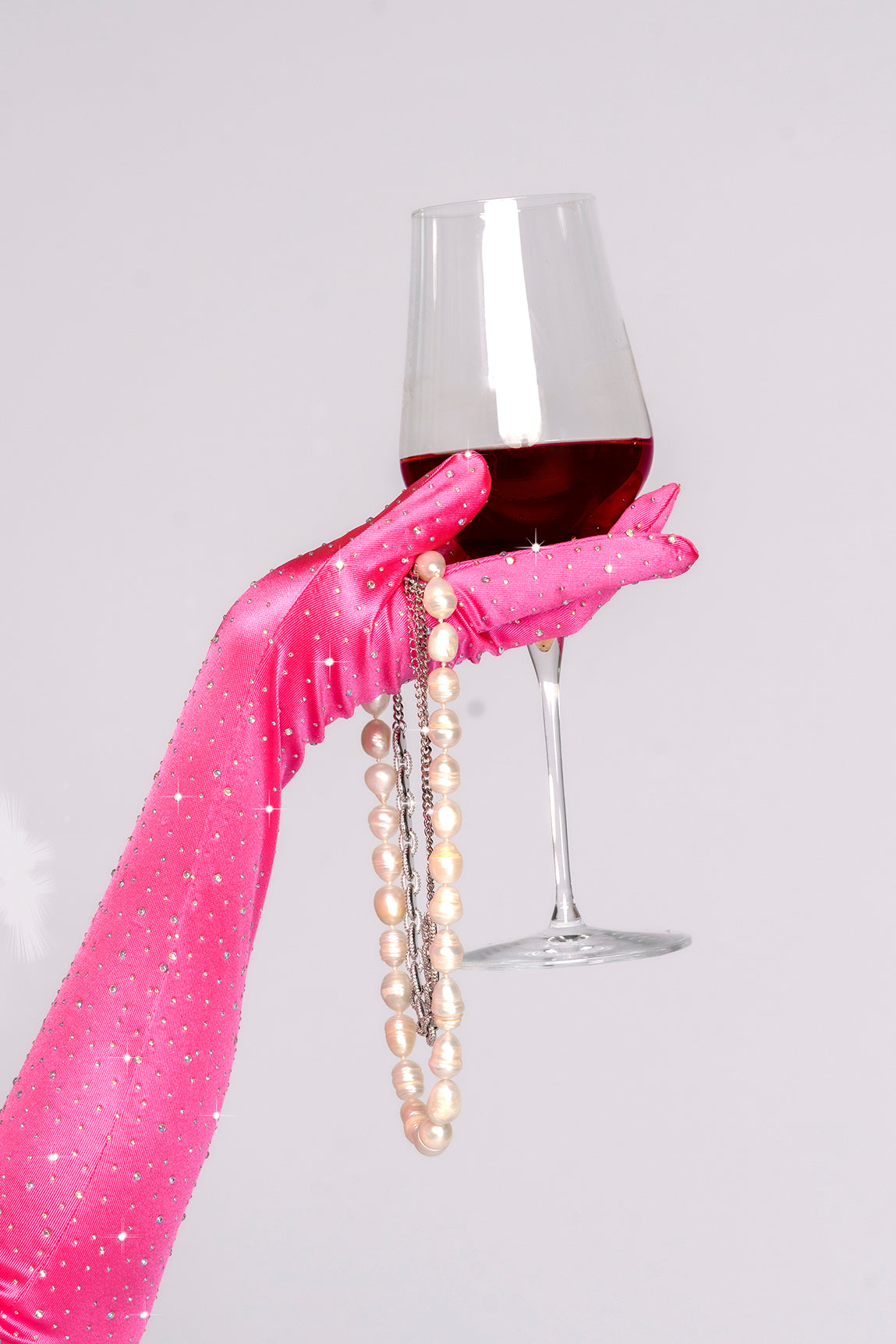 Satin Rhinestone Opera Gloves Pink