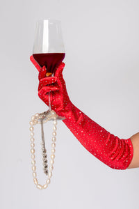 Satin Rhinestone Opera Gloves Red