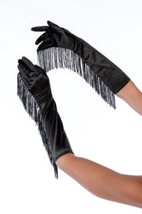 Satin Fringe Opera Gloves Black