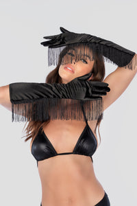 Satin Fringe Opera Gloves Black