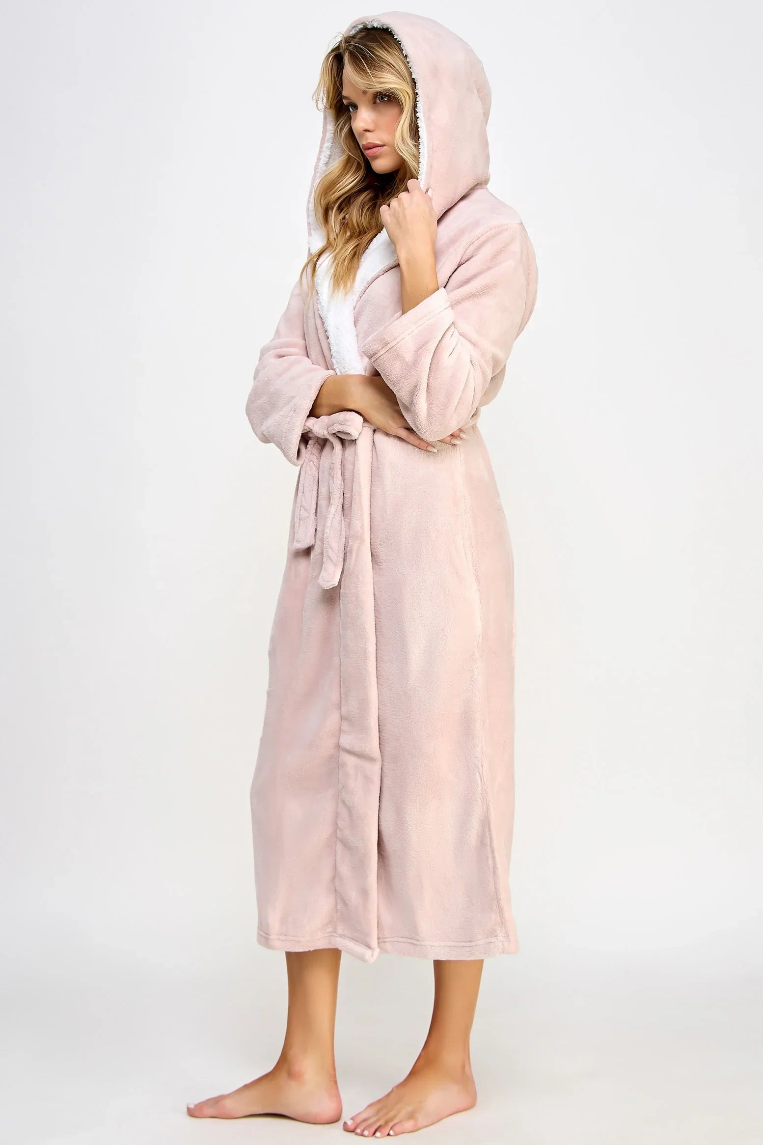 BeWicked Janet Long Robe Plush Fleece Sherpa Lining Hooded Pink