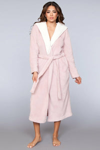BeWicked Janet Long Robe Plush Fleece Sherpa Lining Hooded Pink