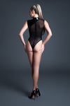 Allure Latex-look Vinyl & Mesh Deep V Bodysuit Femme Fatale