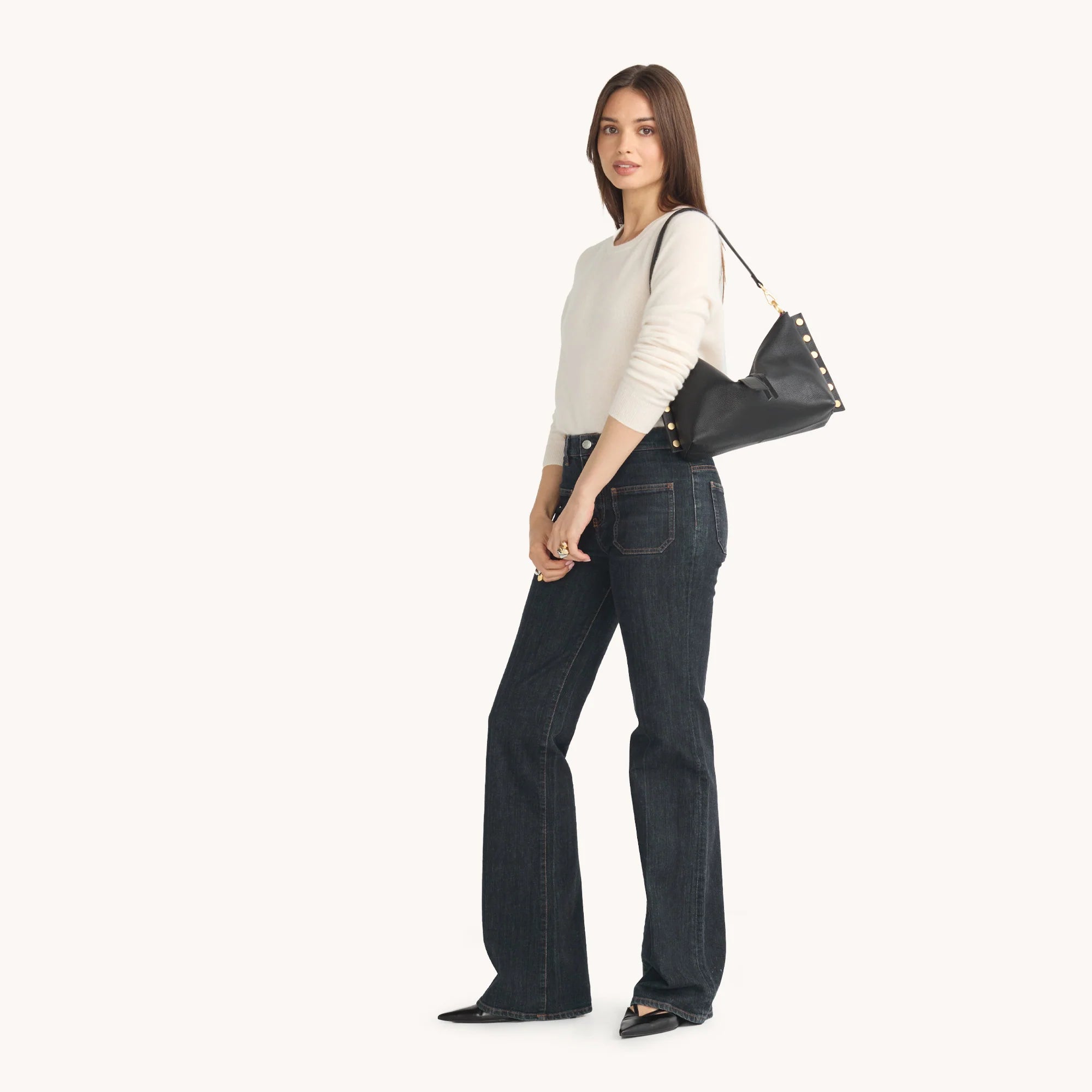 Hammitt Mr. G Med Leather Shoulder Bag Black/Brushed Gold Red Zip-Rebel Romance