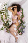 Coquette Crystal Pink Eyelash Lace Longline Bra, Garter Belt & Panty Set Pink