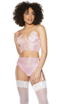 Coquette Crystal Pink Eyelash Lace Longline Bra, Garter Belt & Panty Set Pink